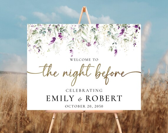 Greenery Purple The Night Before Welcome Sign, Lavender Rehearsal Dinner Sign, Green Lavender Wedding Rehearsal Sign, Lilac Wedding Sign,GPU