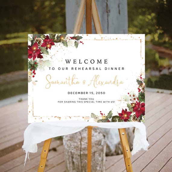Christmas Rehearsal Dinner Welcome Sign, Winter Wedding Sign, Holiday Wedding Welcome Sign, Wedding Decorations, Poinsettia and Lights, CRM5