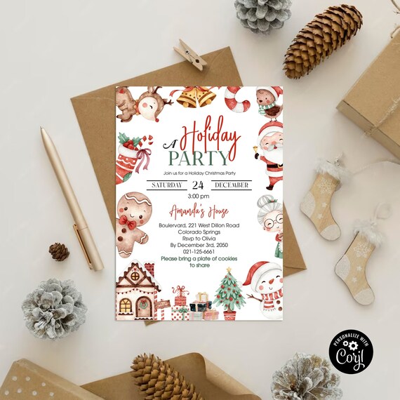 Christmas Party Invitation, Kids Christmas House Party Invitation Template, Holiday Party Invitation, 100% Editable, Corjl