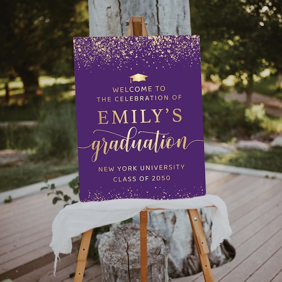 Purple Golden Graduation Party Welcome Sign, Gold Glitter Graduation Decoration, Modern Graduation with photo Party Sign, Grad Party Poster