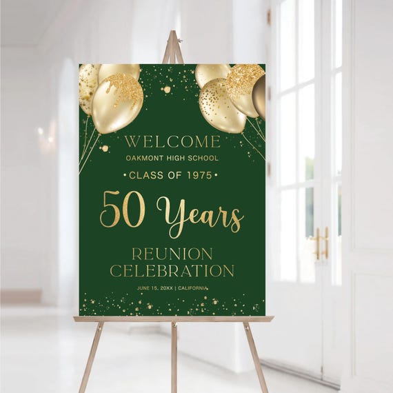 PRINTED OR DIGITAL Modern Class Reunion Welcome Sign, Any class any year Reunion Foam Board or Poster, Faux Gold, Gold balloons and Confetti
