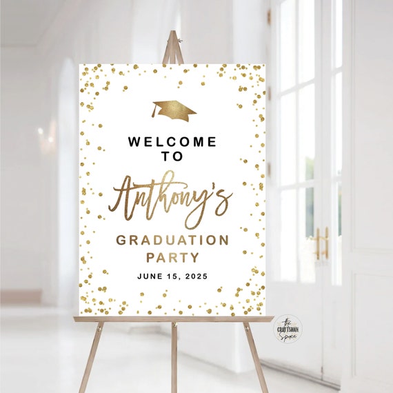 Modern Graduation Party Welcome Sign, Golden Graduation Party Poster, Minimalist Grad Party Decorations, Greenery Graduation Party Poster