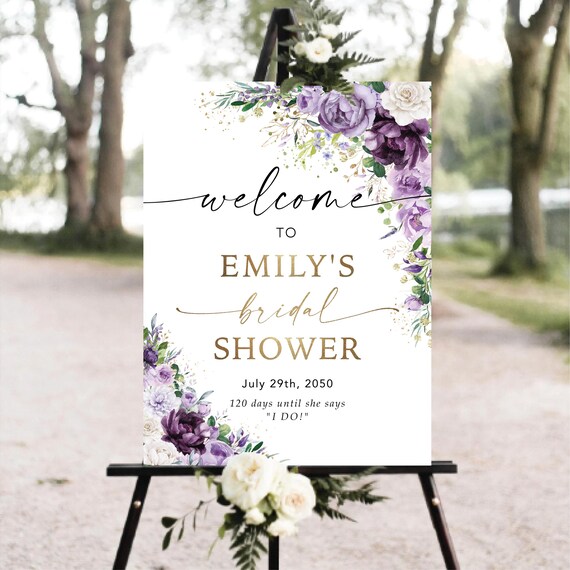 Purple Floral Bridal Shower Welcome Sign: Violet Flowers & Eucalyptus (Digital File, PF2)
