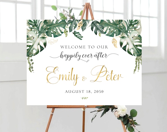 Tropical Wedding Welcome Sign, Leaves, Safari, Wedding Ceremony Decoration, Custom Design, Happily Ever After Sign, Botanical, Bohemian, TP4