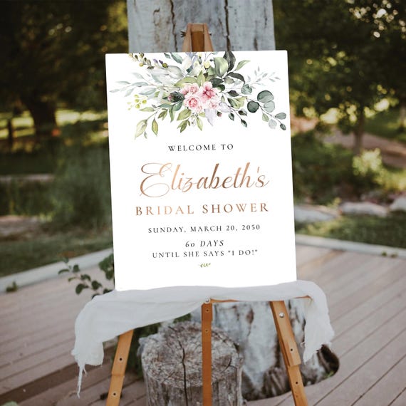 Blush Pink Greenery Bridal Shower Welcome Sign, Botanicals Wedding Shower Decor, Boho Bridal Brunch Sign, Bridal Tea Poster, Eucalyptus, BG1