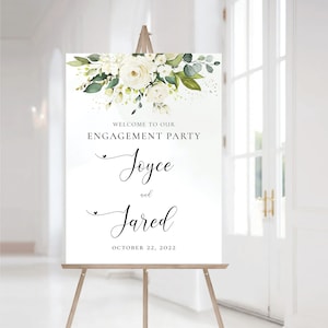 White roses Engagement party Welcome Sign, Greenery Engagement Party Decor, We are engaged, Bohemian, Eucalyptus, Cream roses, WR1