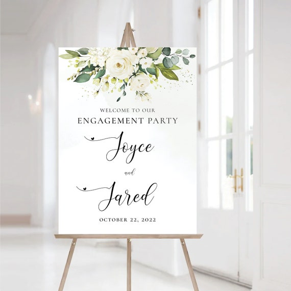 White roses Engagement party Welcome Sign, Greenery Engagement Party Decor, We are engaged, Bohemian, Eucalyptus, Cream roses, WR1