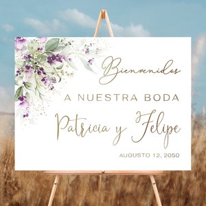 Greenery Purple Bienvenidos Sign a Nuestra Boda, Spanish Wedding Sign, Green Lavender Wedding Sign, Lilac Floal Wedding Poster, Decor, GPU