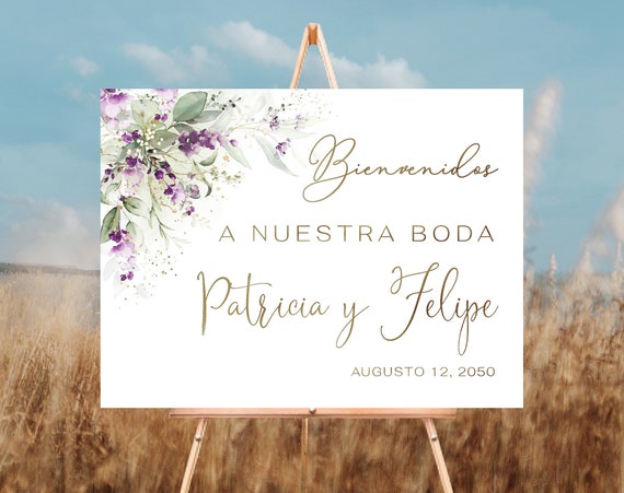 Greenery Purple Bienvenidos Sign a Nuestra Boda, Spanish Wedding Sign, Green Lavender Wedding Sign, Lilac Floal Wedding Poster, Decor, GPU