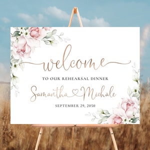 Blush pink Roses Rehearsal Dinner Welcome Sign, The night before sign, Wedding Rehearsal Sign, Wedding Sign, Wedding Decor, Eucalyptus, A2