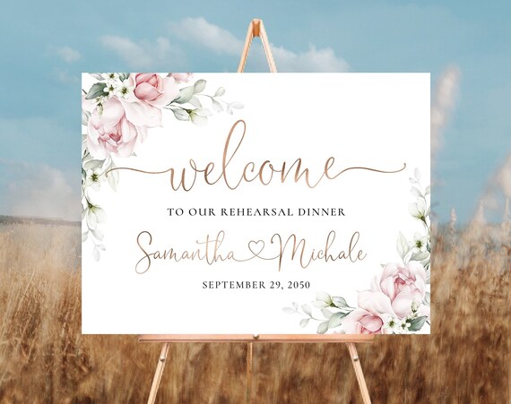 Blush pink Roses Rehearsal Dinner Welcome Sign, The night before sign, Wedding Rehearsal Sign, Wedding Sign, Wedding Decor, Eucalyptus, A2