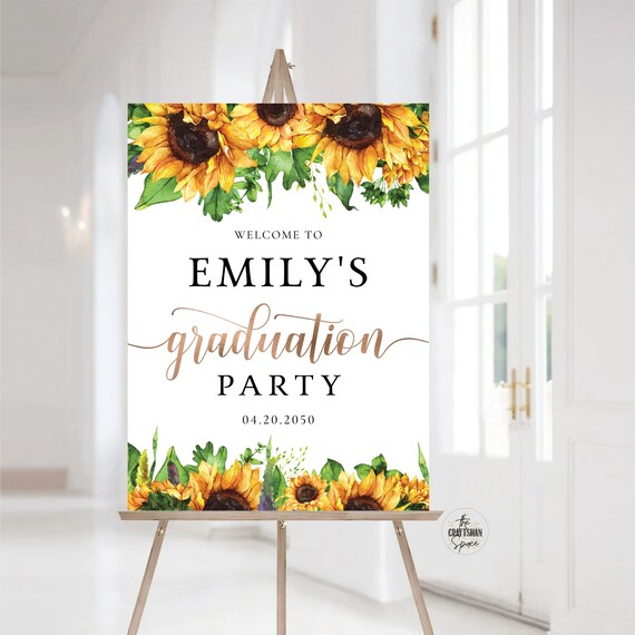 Sunflower Graduation Party Welcome Sign, Digital File, Grad Party Sign, Graduation Decorations, Graduation Banner, Sunflower, Eucalyptus