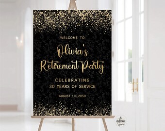 Minimalist Retirement Party Welcome Sign, Gold Confetti on Black (Digital Download)