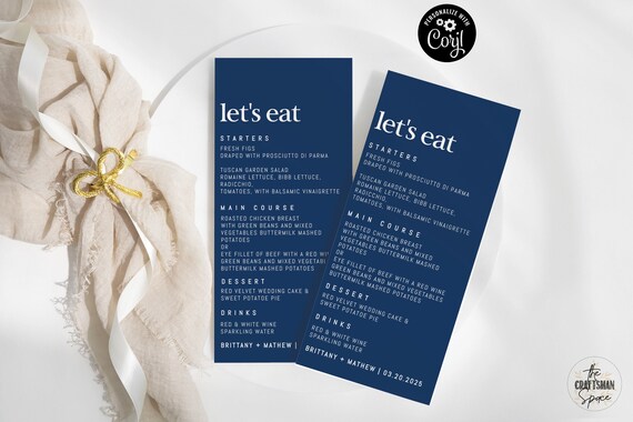 Navy blue wedding Menu Template, Modern Wedding Menu, Minimal Wedding, Wedding Table Decor, Editable, Corjl