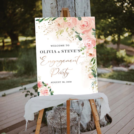 Flower Boutique Engagement Welcome Sign, Blush pink roses We are engaged Sign, Photo Wedding Engagement Party Decor, Eucalyptus, Herbal, EB1