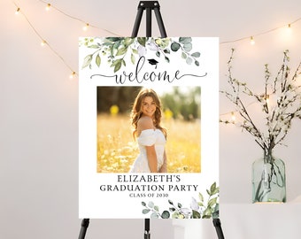 Greenery Graduation with photo Welcome Sign, Photo Graduation Poster, Gold Glitter, Graduation Decorations, Grad Party Sign, Eucalyptus