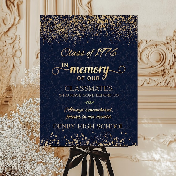 Modern Memorial Reunion Welcome Sign, In Memory of Classmates, Gold Confetti (Digital Printable)
