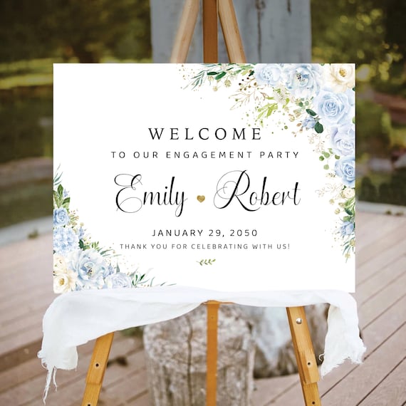 Blue Floral Engagement Party Welcome Sign, White Flowers and Greenery (Digital Printable)