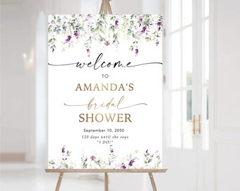 Greenery Purple Bridal Shower Welcome Sign, Lavender Bridal Brunch Sign, Green Lavender Wedding Shower Sign, Lilac Lavender floral, Gold,GPU