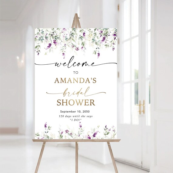 Greenery Purple Bridal Shower Welcome Sign, Lavender Bridal Brunch Sign, Green Lavender Wedding Shower Sign, Lilac Lavender floral, Gold,GPU