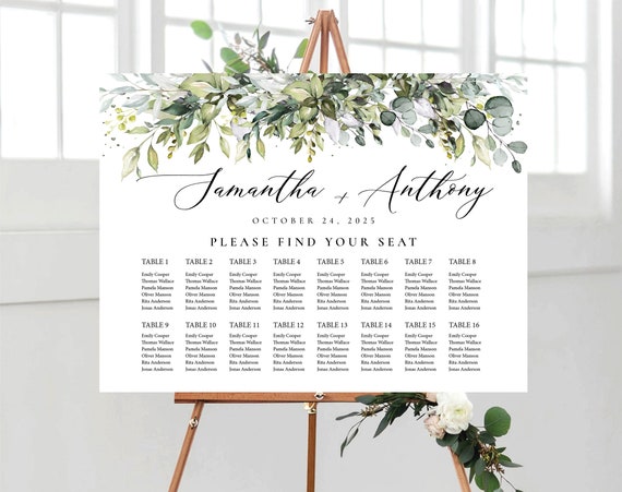 Wedding seating chart, Wedding seating chart alphabetical, Wedding seating chart table, Greenery Wedding Seating Chart, HB1