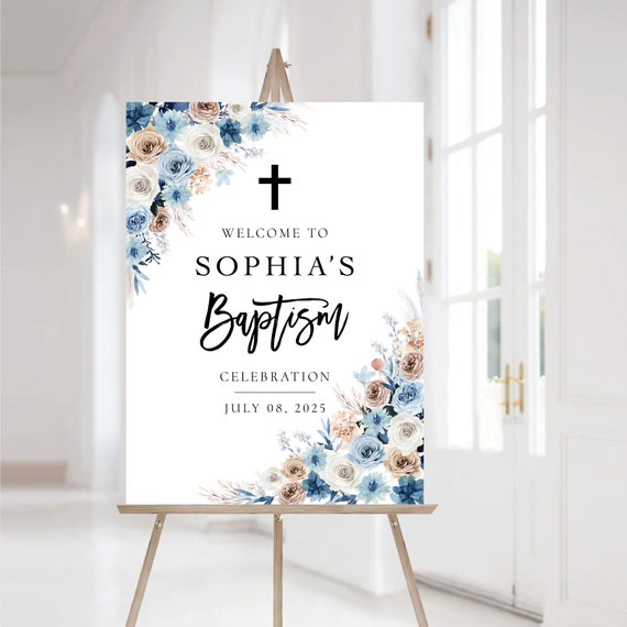 Blue boho baptism welcome sign, Baptism sign, First Holy Communion, Quinceañera Welcome Sign, Quinceanera Sign, Baby shower sign