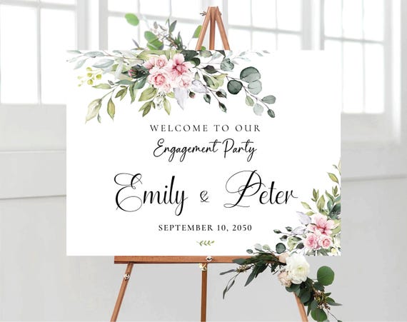 Blush Floral Engagement Party Welcome Sign: Botanical Greenery (Printed or Digital File)