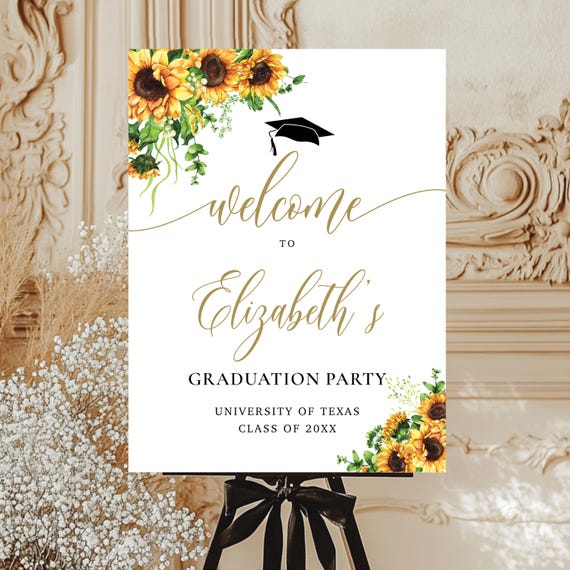Sunflowers Graduation Party Welcome Sign, Rustic Floral Grad Celebration Poster (Digital Printable)