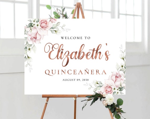 Blush pink Rose Quinceañera Welcome Sign, Quinceanera Sign, Quinceanera Decorations, 15th Birthday Sign, Baby shower sign, Sweet 16 sign, A2