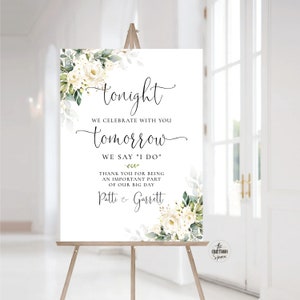 White Roses The night before Rehearsal Dinner, Wedding Rehearsal Sign, Wedding Welcome Sign, Wedding Decorations, Cream Roses, WR3