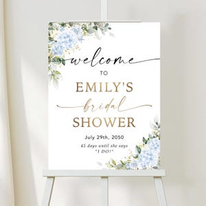 May include: A white sign on a wooden easel with the words "welcome to Emily's bridal shower" in gold and black script. The sign is decorated with blue floral accents and the date July 29th, 2050.