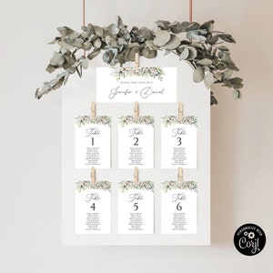 Greenery Blush Pink Wedding Seating Chart Cards Modèle, Planche de sièges suspendue, Plan de sièges, Tableau des sièges, Modèle de carte, BG2