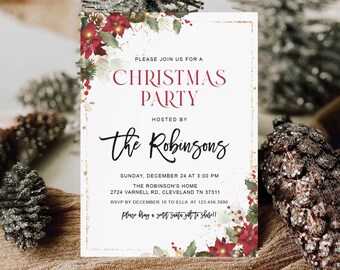 Può includere: Un invito a una festa di Natale con un design floreale rosso e verde. L'invito recita "Si prega di unirsi a noi per una festa di Natale ospitata dai Robinsons. Domenica 24 dicembre alle 15:00. La casa dei Robinsons 2724 Varnell Rd, Cleveland TN 37311. RSVP entro il 10 dicembre a Ella al 123.456.7890. Per favore, porta un dolce da condividere!"