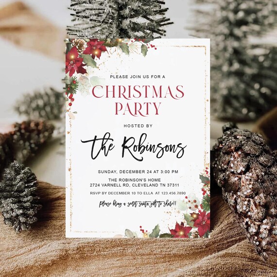 Christmas Party Invitation, Holiday Party Invitation, Winter Party Invite, Red Poinsettia and Lights Christmas invite, Annual Holiday, CRM6