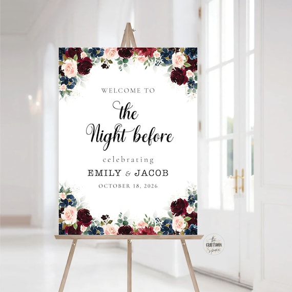Burgundy and Navy The night before Sign, Rehearsal Dinner Sign, Wedding Rehearsal Sign, Wedding Welcome Sign, Burgundy and Navy, BDY1