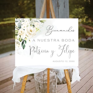 White roses Bienvenidos a Nuestra Boda Welcome Sign, Botanicals Spanish Wedding Decoration, Cream Roses Bienvenidos Poster, Eucalyptus, WR4