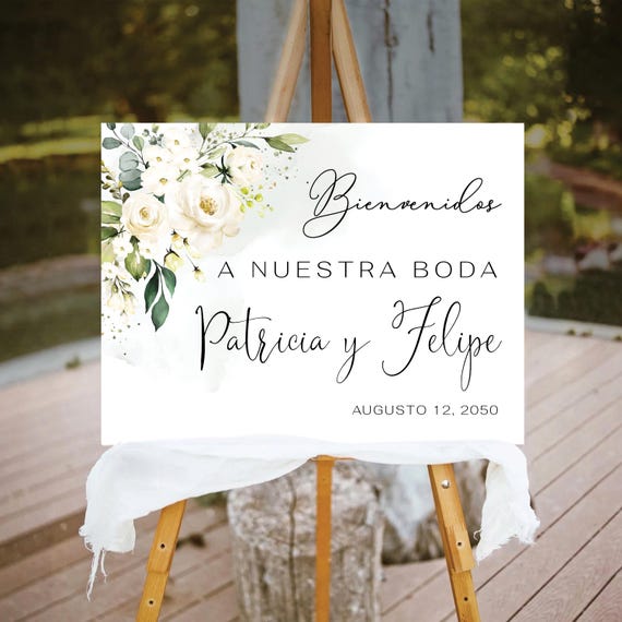 White roses Bienvenidos a Nuestra Boda Welcome Sign, Botanicals Spanish Wedding Decoration, Cream Roses Bienvenidos Poster, Eucalyptus, WR4
