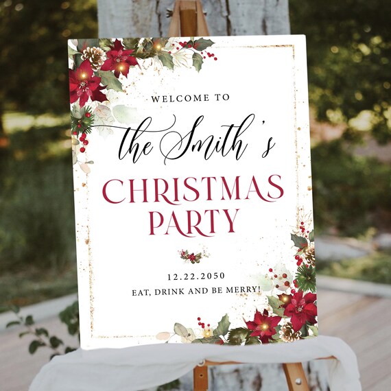 Floral Christmas Party Welcome Sign, Red Poinsettia and Lights (Printed or Digital File)