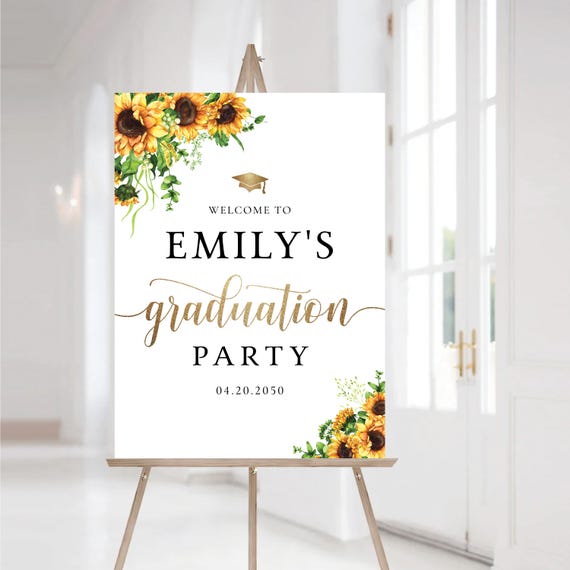 Sunflower Graduation Party Welcome Sign, Sunflower Graduation Decor, Greenery Grad Party Sign, Modern Grad Sign, Eucalyptus, Bohemian, SF1