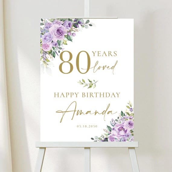 Purple Floral 80th Birthday Welcome Sign: Elegant Party Decor (Printed or Digital File)