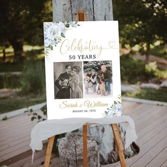Dusty Blue 50th Wedding Anniversary Welcome Sign, Botanicals 50th Anniversary sign, Photo Wedding Anniversary, Celebrating 50 Years, LB5