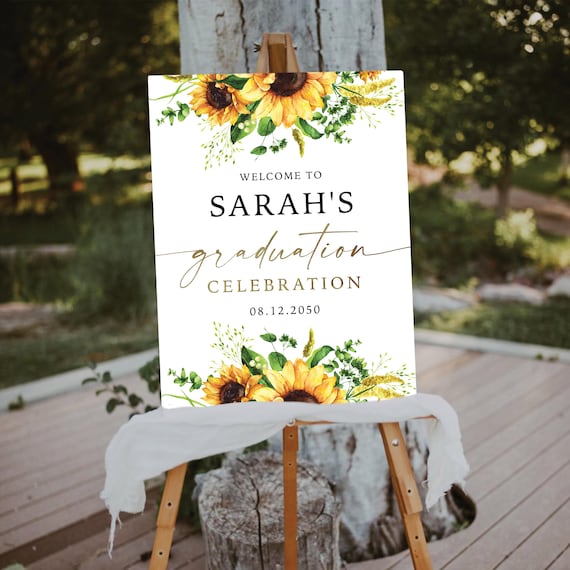 Sunflower Graduation Party Welcome Sign, Greenery Watercolor (Digital Printable)