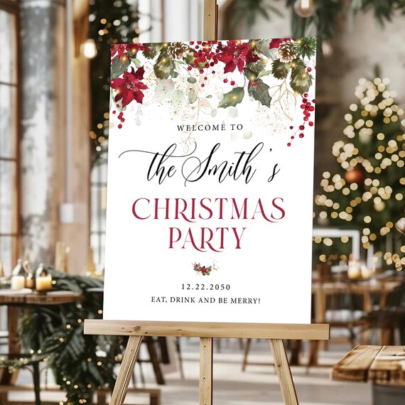 Red Floral Christmas Party Welcome Sign, Poinsettia and Lights (Printed or Digital File)
