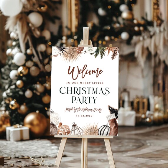 Christmas Party Welcome Sign, Rustic Neutral Decor, Boho Holiday Winter (Digital Printable)