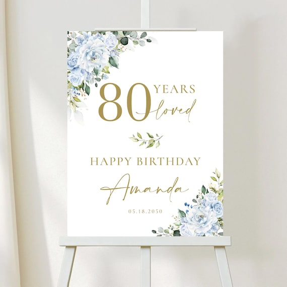 PRINTED OR DIGITAL Dusty Blue Greenery Birthday Party Welcome Sign, Foam Board, Poster, Botanicals 80 Years Loved Sign, Faux Gold, Decor,LB5
