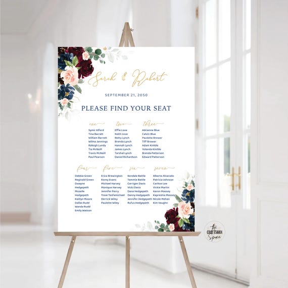 Wedding seating chart, Wedding seating chart alphabetical, Wedding seating chart table, Burgundy and Navy Wedding Seating Chart Sign, BDY2