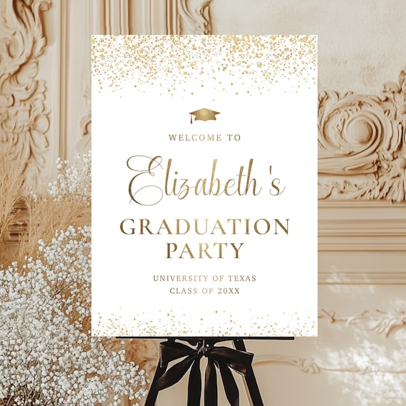 Minimal Graduation Party Welcome Sign, Elegant Grad Celebration Decor, Gold Glitter (Digital Printable)