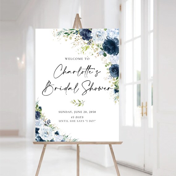PRINTED OR DIGITAL Dusty Blue Navy Bridal Shower Welcome Sign, Foam Board, Poster, Elegant Steel Light Blue Wedding Shower Decor, Herbal,DN1