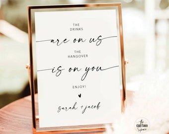 Modern Drinks On Us Wedding Bar Sign, Minimalist Reception Decor (Digital Printable)