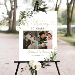 Celebrating 50 Years Welcome Sign, Printable Greenery 50th Anniversary Welcome Poster, Botanical Photo Anniversary Sign, Digital File, HB2